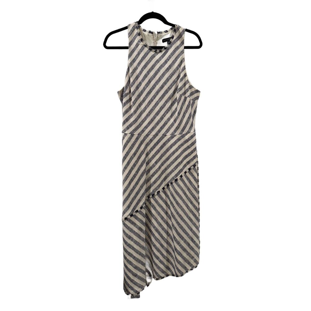 Banana Republic Tweed Stripe Asymmetrical Hem Midi Dress Tie Belt Size 14